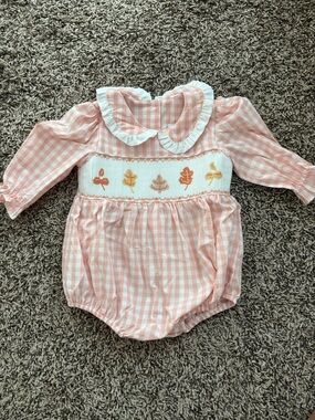 Pink Gingham Smocked Baby One-Piece with Leaf Embroidery